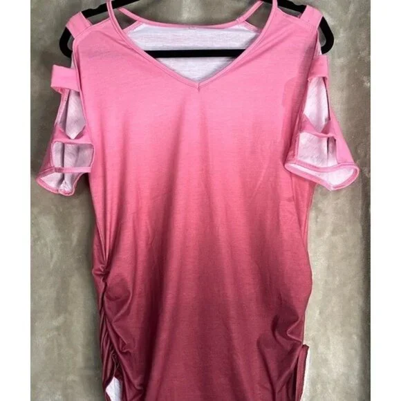 Womens V Neck Short Sleeve Cold Shoulder Cutouts Shirt Light Rose Burgundy, Wine - Picture 8 of 16